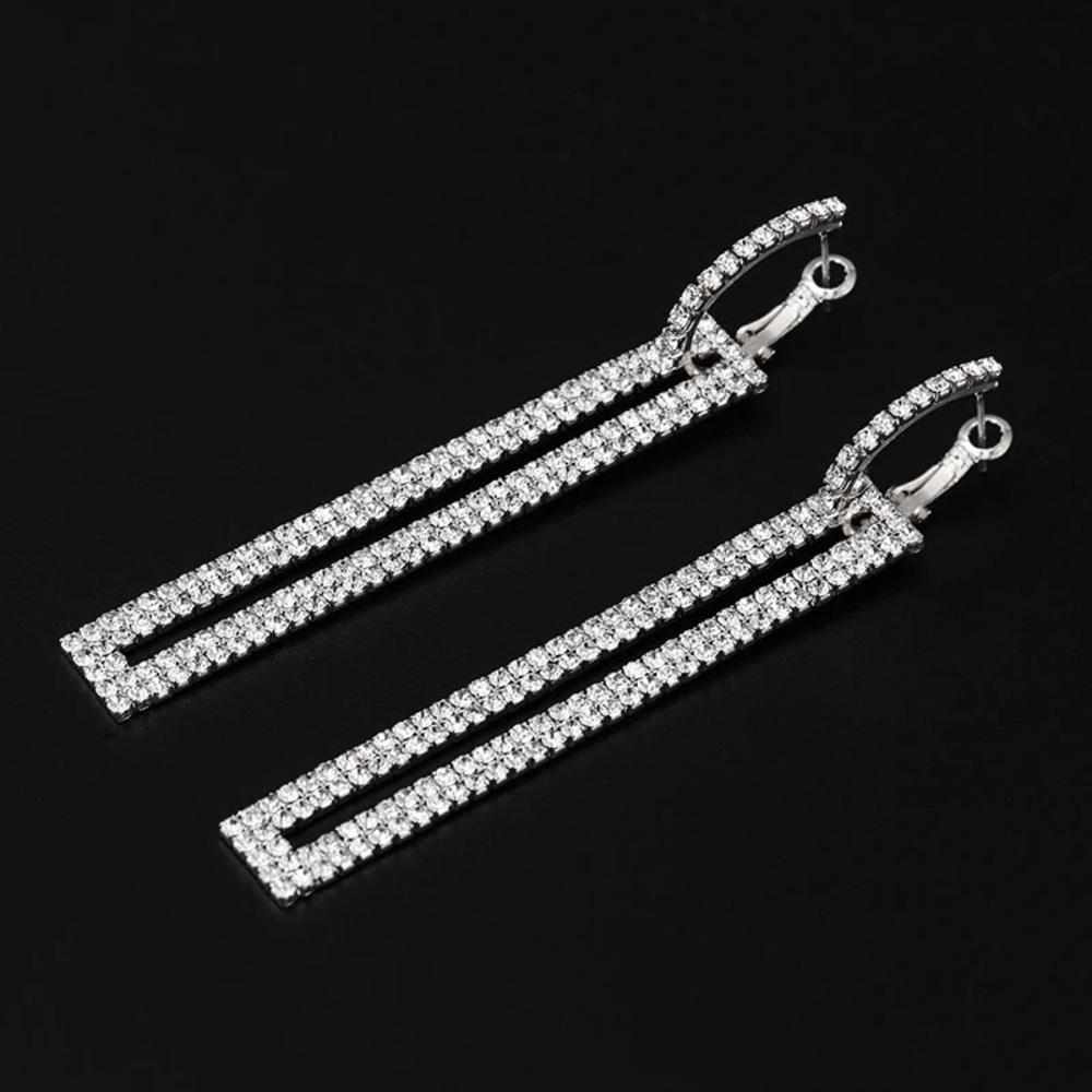 Silver Rhinestone Dangle Earrings - Picture 3 of 12